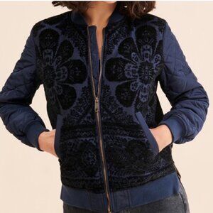 Anthropologie Clemence Quilted Bomber Jacket Navy Blue Velvet Size Medium